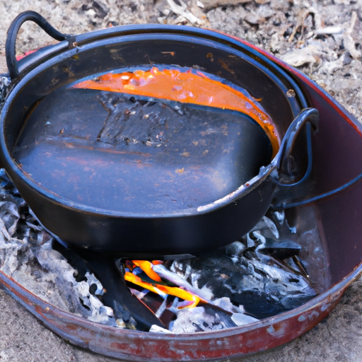 A cast-iron Dutch oven placed over a campfire, ready for cooking flavorful enchiladas.