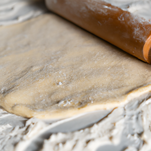 A close-up of homemade pizza dough being rolled out on a floured surface.