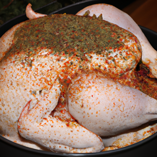 A close-up of a seasoned turkey, ready to be placed in the Dutch oven for roasting.