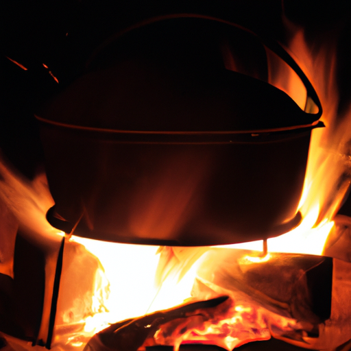 A Dutch oven placed on a campfire, surrounded by glowing embers.